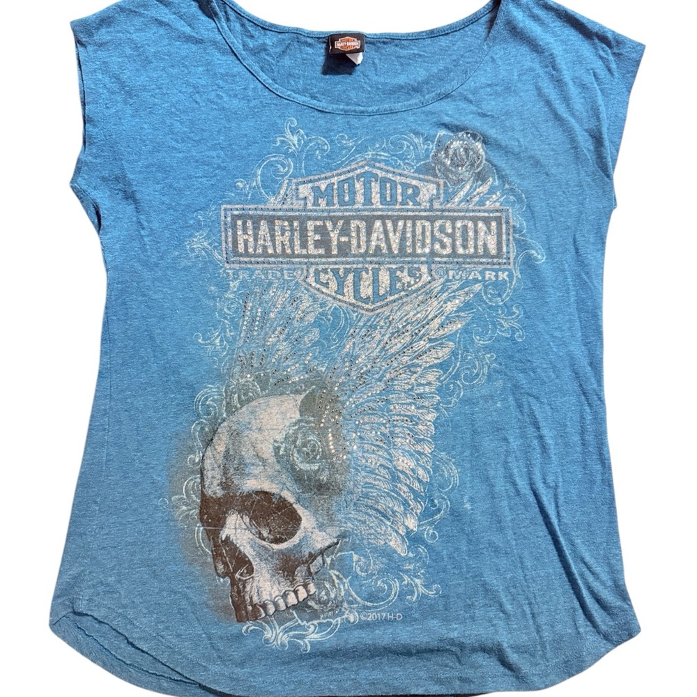 Y2K Harley-Davidson Blue Graphic Tee w/ Skull & Studded Detail
